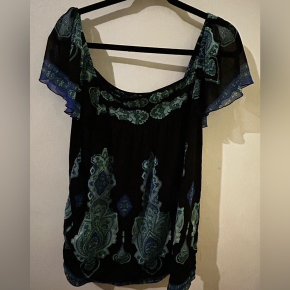 INC International Concepts Mesh Black & Blue Ruffled sleeve on/off shoulder 1X - Picture 2 of 11